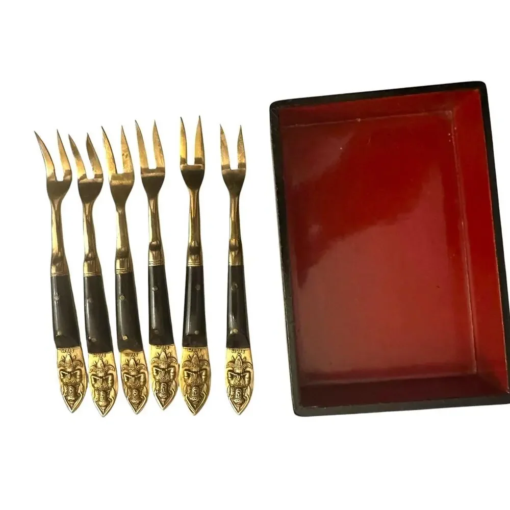 1950’s Siam Buddha Flatware Set Bronze Brass 6 Shrimp Forks Lacquer Display Box